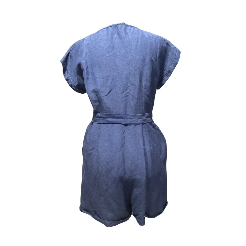 Mango MNG Basics Blue Linen Blend Button Front Romper‎ Tie Waist Women Size 4 S